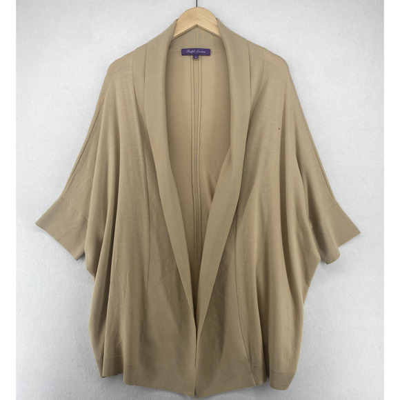 RALPH LAUREN Cardigan XS PURPLE LABEL Merino Wool Duster Dolman Open Front Beige - Picture 1 of 13